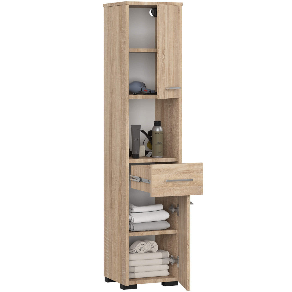 Dulap baie tip coloana cu 2 usi, 1 sertar si rafturi interioare, PAL laminat, 30x30x140 cm, stejar sonoma