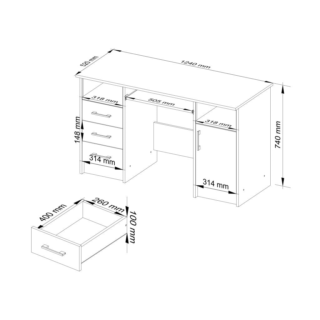 Birou ANA pentru calculator, cu 3 sertare si 1 usa, 124x52x74 cm, stejar sonoma si alb - 2