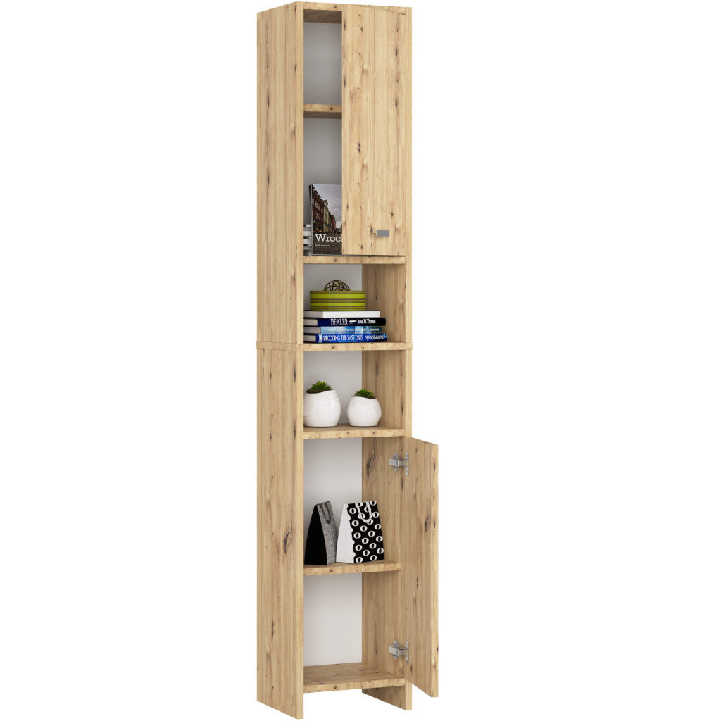 Dulap de baie tip coloana, cu 2 usi si 4 rafturi, PAL 16 mm, 32x28x180 cm, stejar artisan
