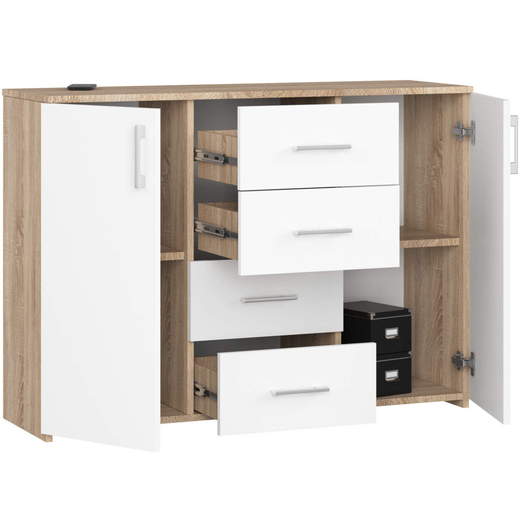 Comoda cu 4 sertare si 2 usi, PAL laminat, 110x35x80 cm, stejar sonoma si alb