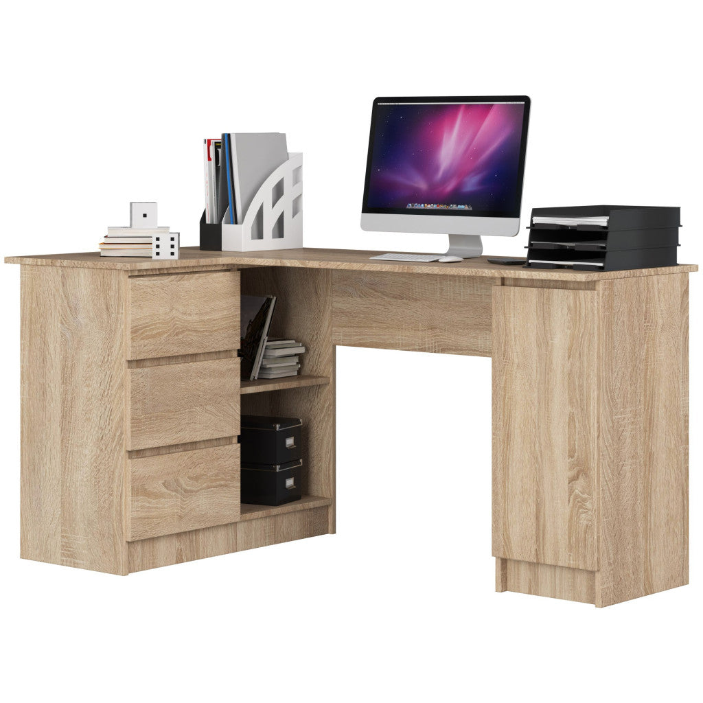 BBirou colt stanga in L cu 3 sertare si rafturi, PAL laminat 16 mm, 155x85x77 cm, stejar sonoma