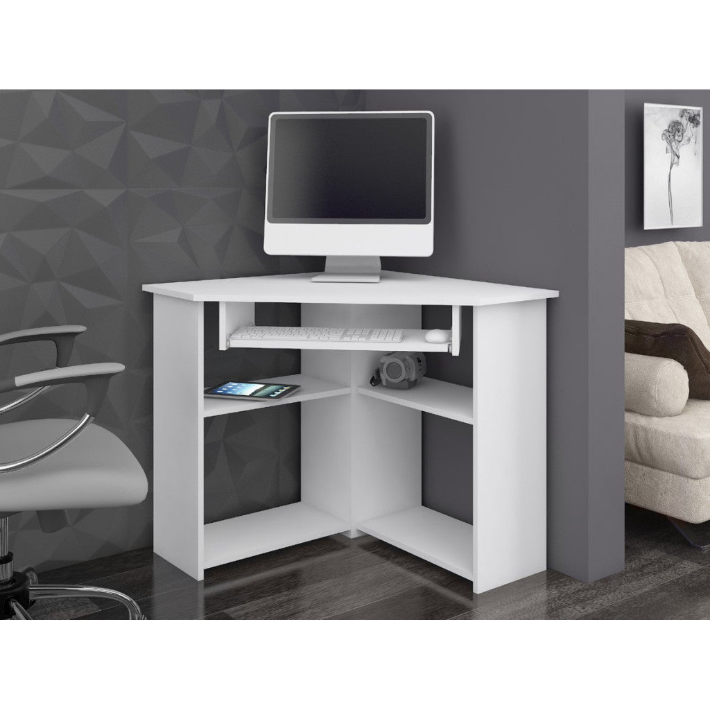 Birou de colt TED, cu rafturi si polita glisanta pentru tastatura, 80x80x74 cm, alb