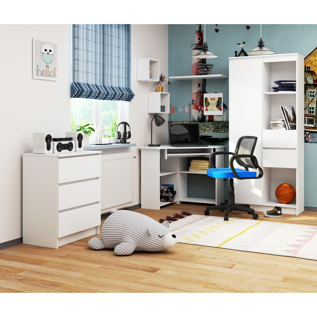 Birou de colt TED, cu rafturi si polita glisanta pentru tastatura, 80x80x74 cm, alb