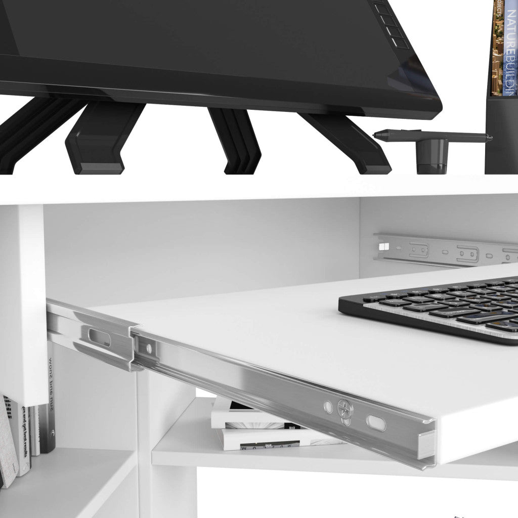 Birou de colt TED, cu rafturi si polita glisanta pentru tastatura, 80x80x74 cm, alb