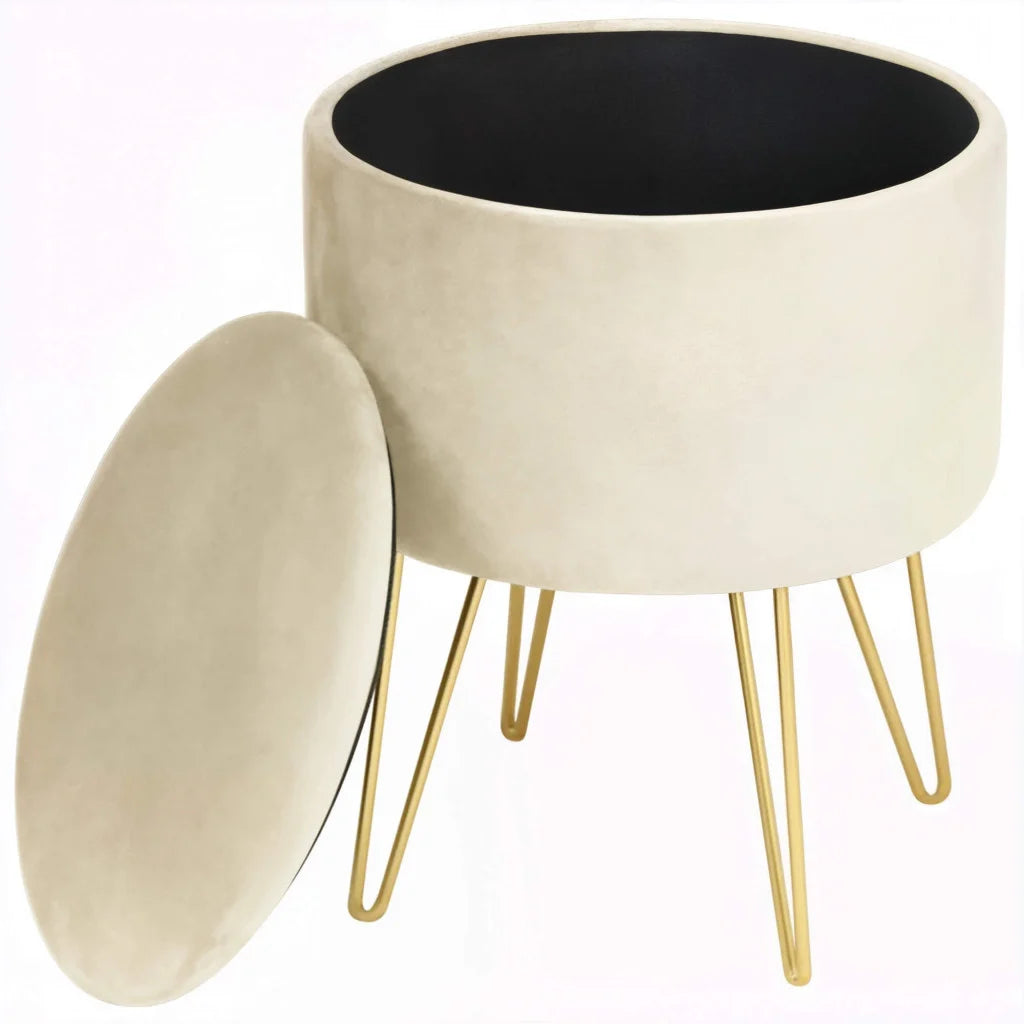 Taburet tapitat rotund Lili cu spatiu de depozitare, velur, 35x35x45 cm, crem