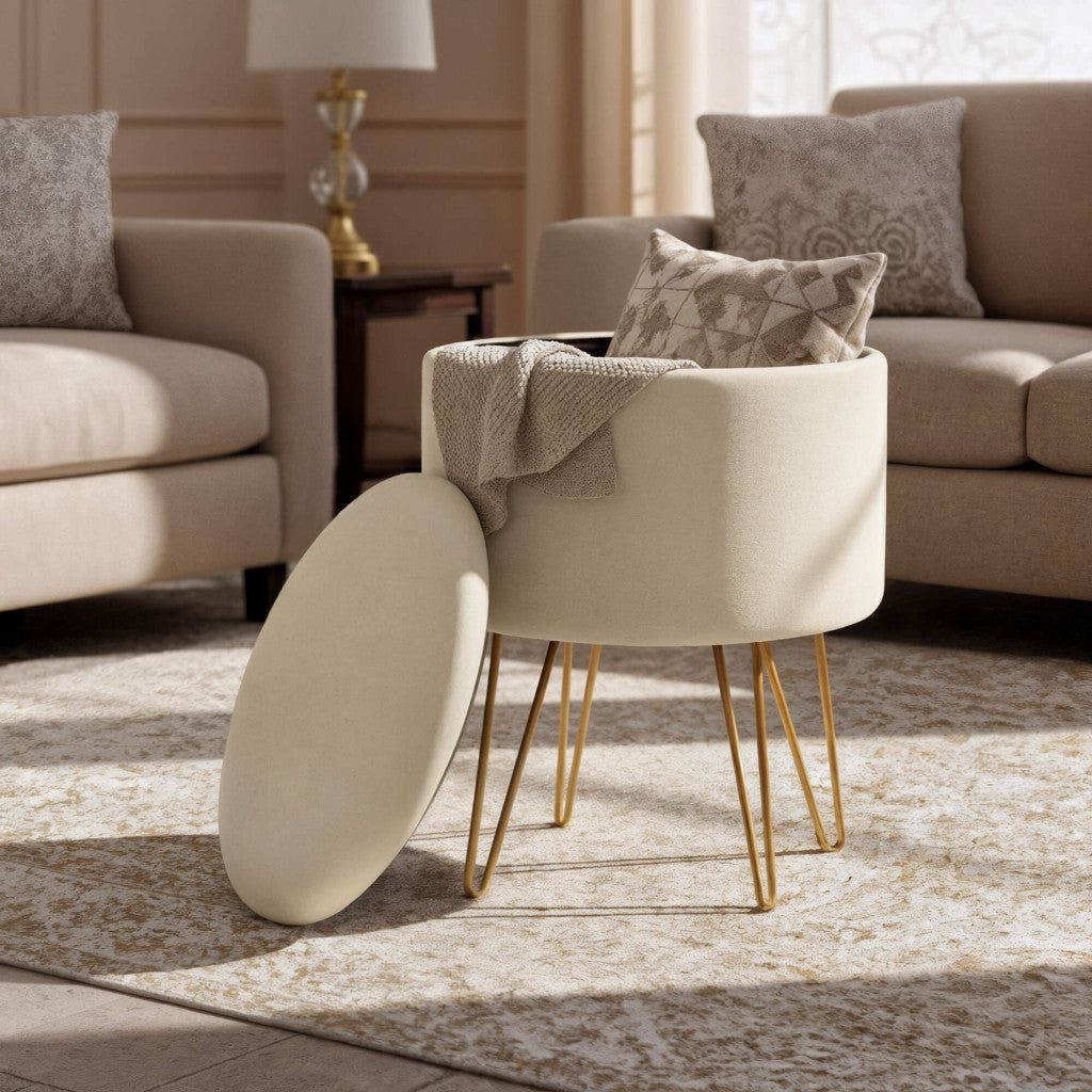 Taburet tapitat rotund Lili cu spatiu de depozitare, velur, 35x35x45 cm, crem