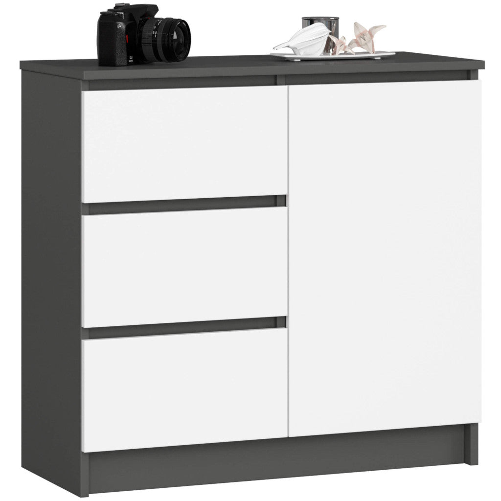 Comoda JERRY cu 3 sertare si dulap cu rafturi, PAL laminat, 80x35x77 cm, gri grafit si alb
