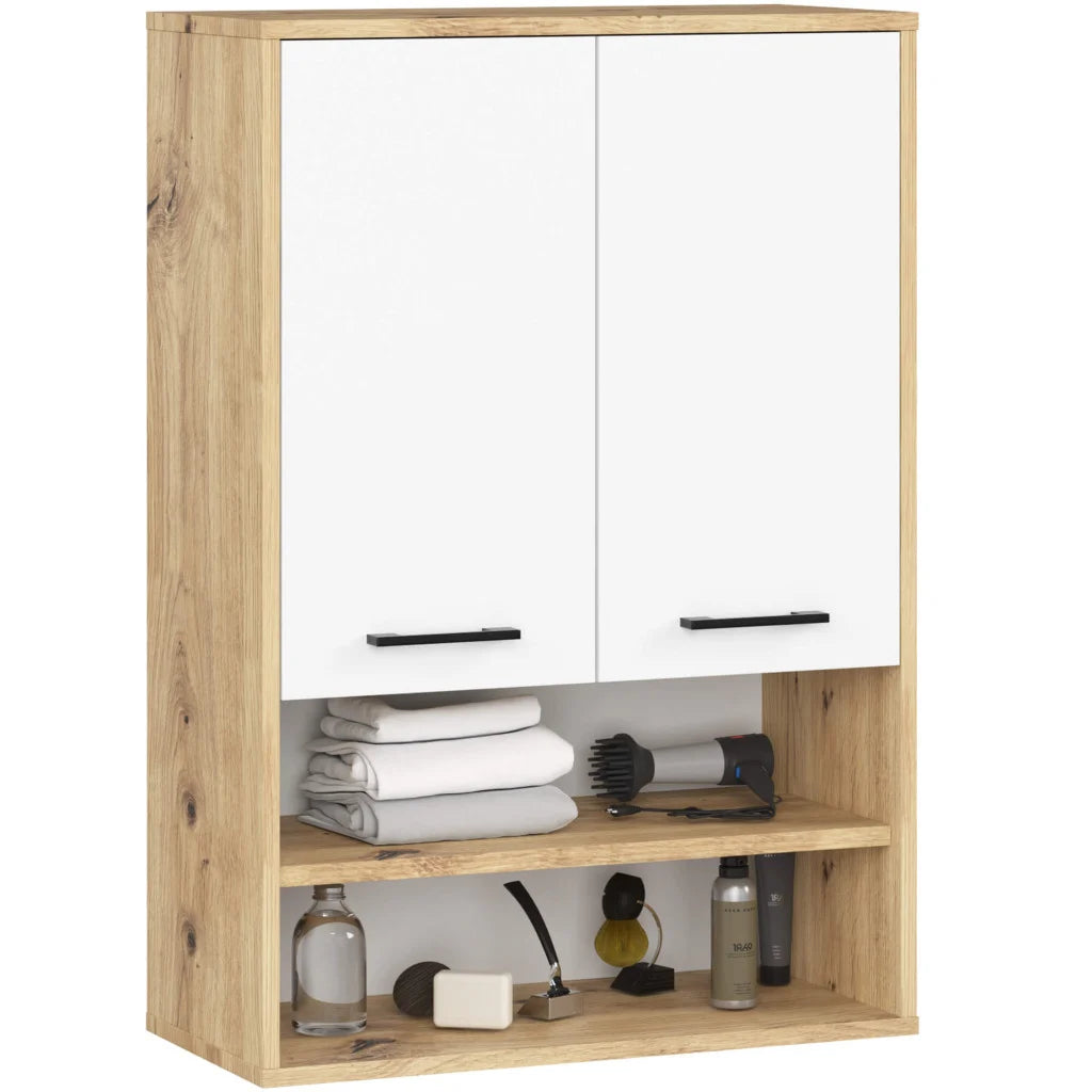 Dulap baie suspendat, cu 2 usi si 2 rafturi deschise, PAL 16 mm, 64x30x94 cm, stejar artisan si alb
