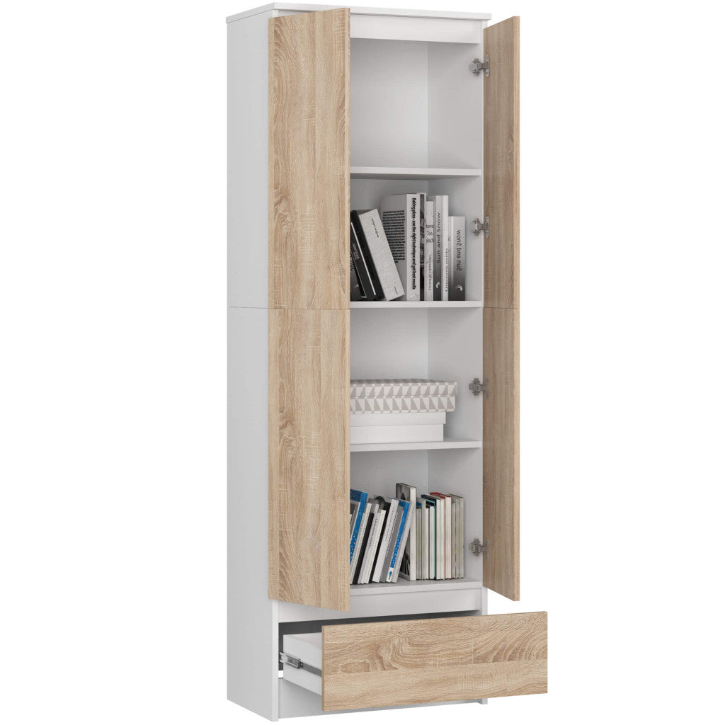 Dulap inchis cu 2 usi si sertar, 4 rafturi, PAL laminat 16 mm, 60x35x180 cm, alb si stejar sonoma