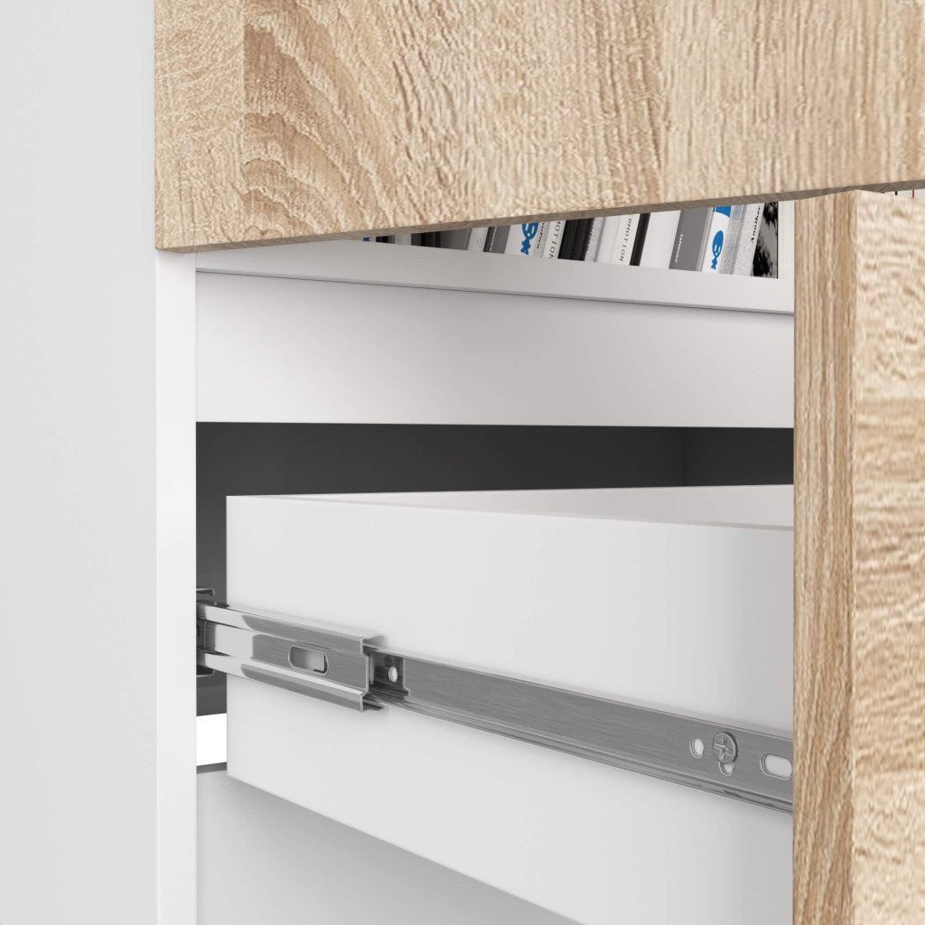 Dulap inchis cu 2 usi si sertar, 4 rafturi, PAL laminat 16 mm, 60x35x180 cm, alb si stejar sonoma