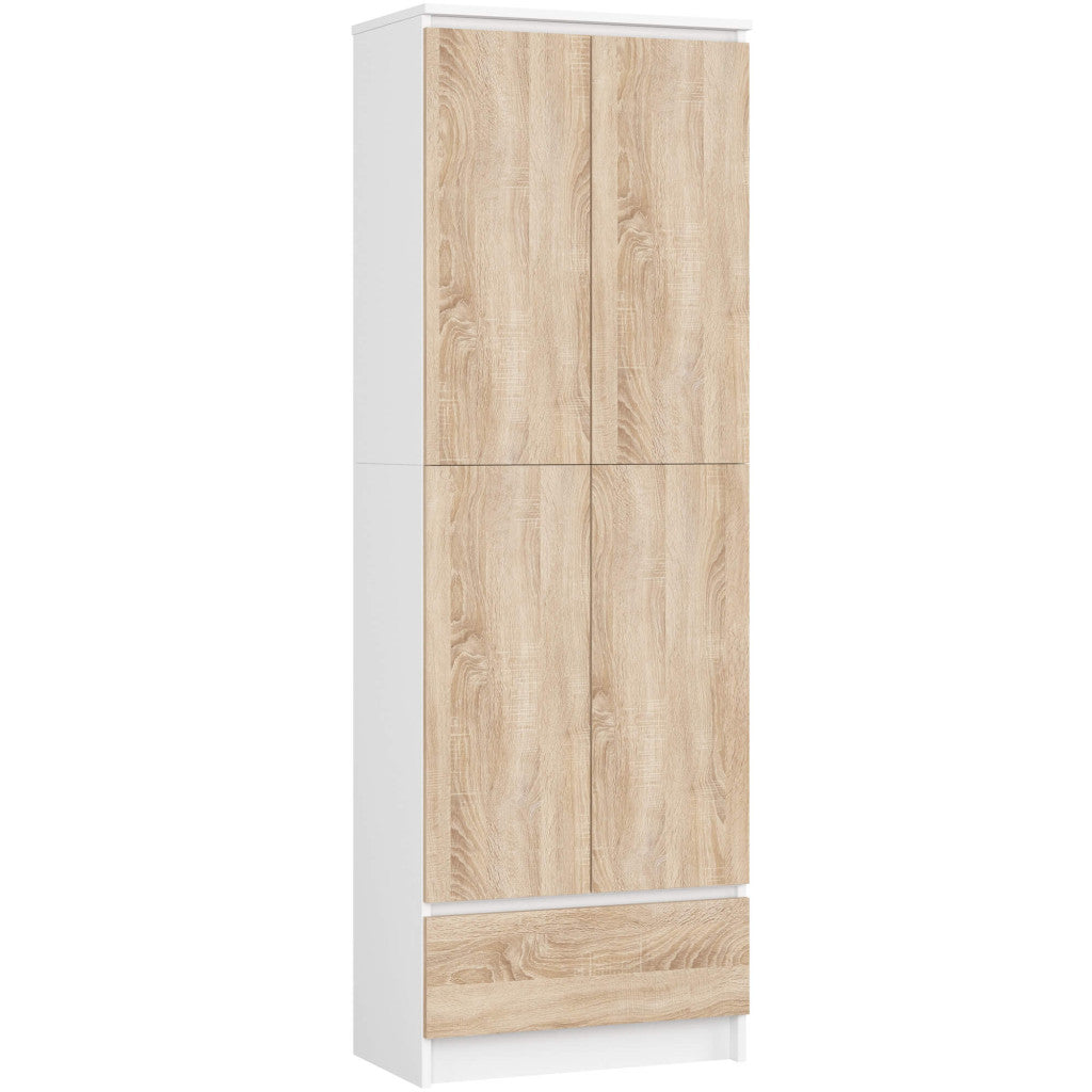 Dulap inchis cu 2 usi si sertar, 4 rafturi, PAL laminat 16 mm, 60x35x180 cm, alb si stejar sonoma