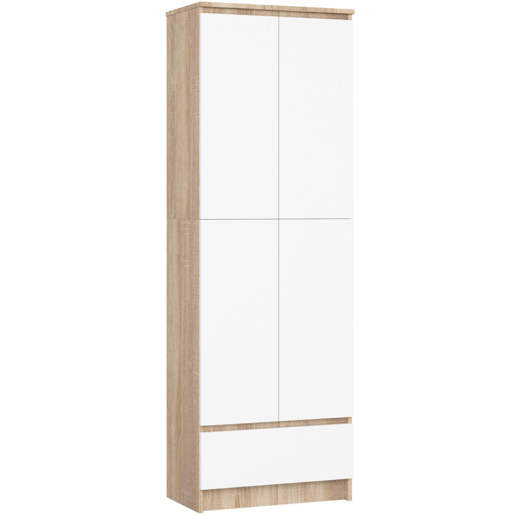 Dulap inchis cu 2 usi si sertar, 4 rafturi, PAL laminat 16 mm, 60x35x180 cm, stejar sonoma si alb