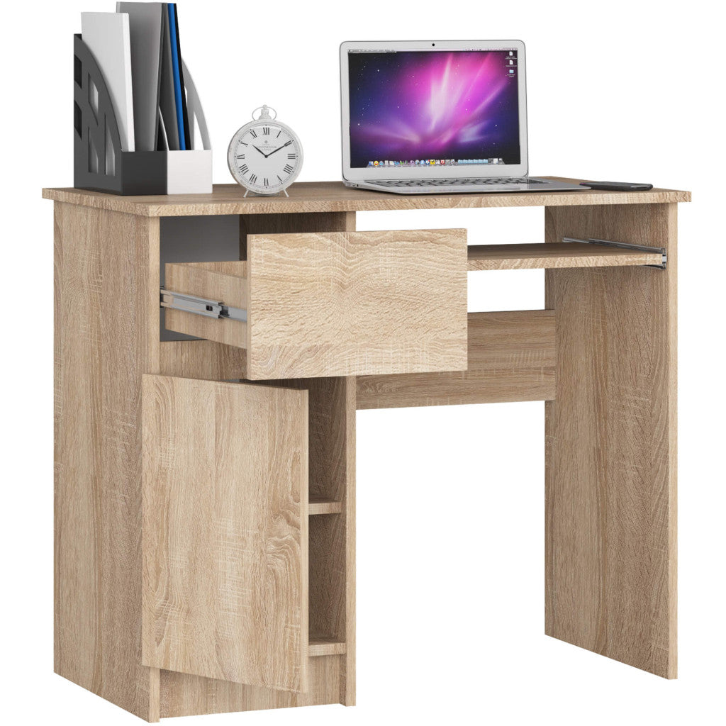 Birou computer PIKSEL, cu sertar, dulap si raft pentru tastatura, stanga, 90x50x77 cm, stejar sonoma