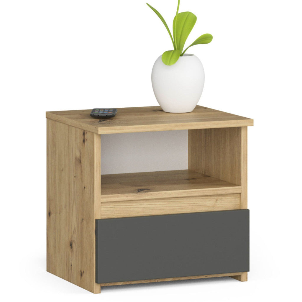 Noptiera cu 1 sertar, PAL laminat 16mm, 40x35x40 cm, stejar artisan si gri