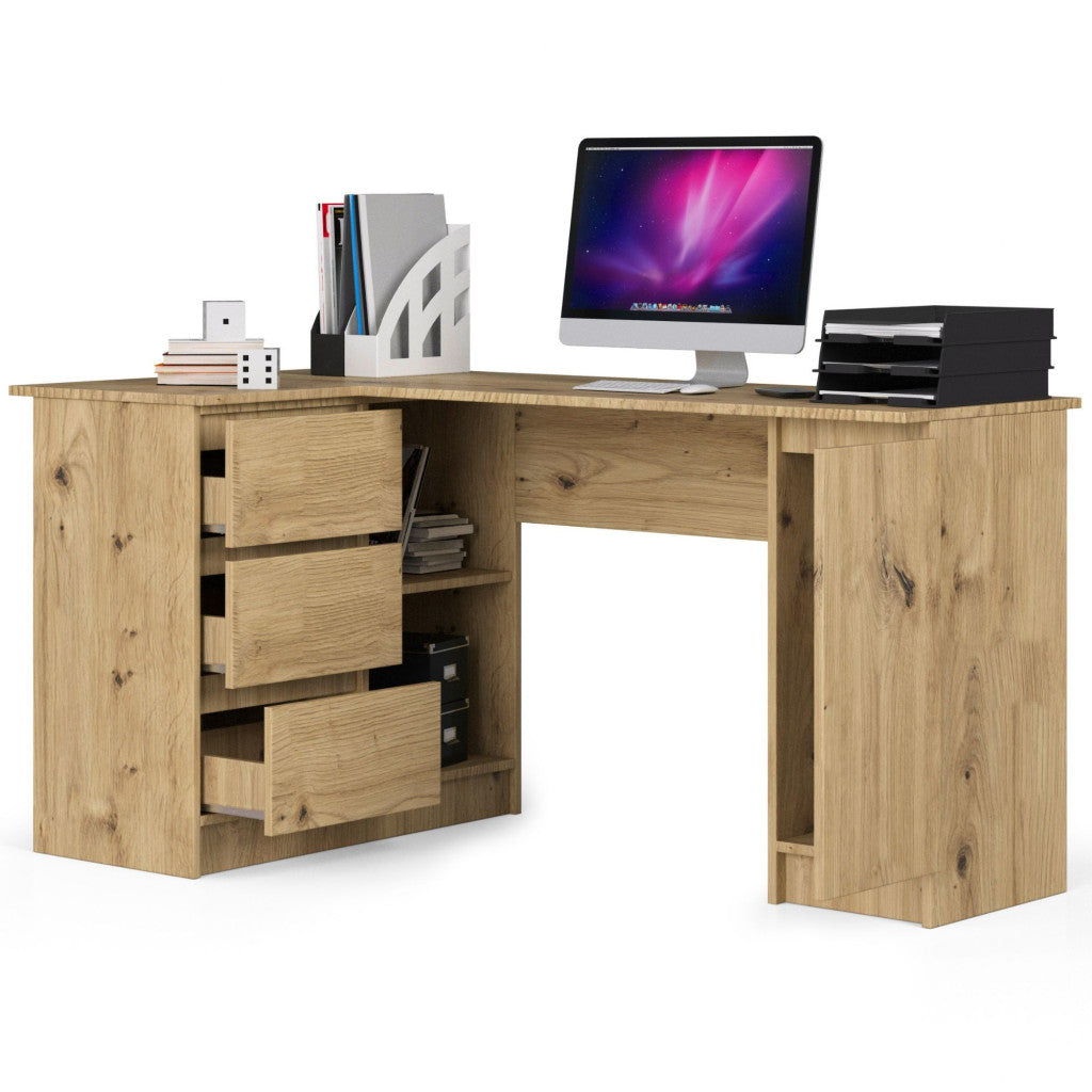 Birou colt stanga in L cu 3 sertare si rafturi, PAL laminat 16 mm, 155x85x77 cm, stejar artisan