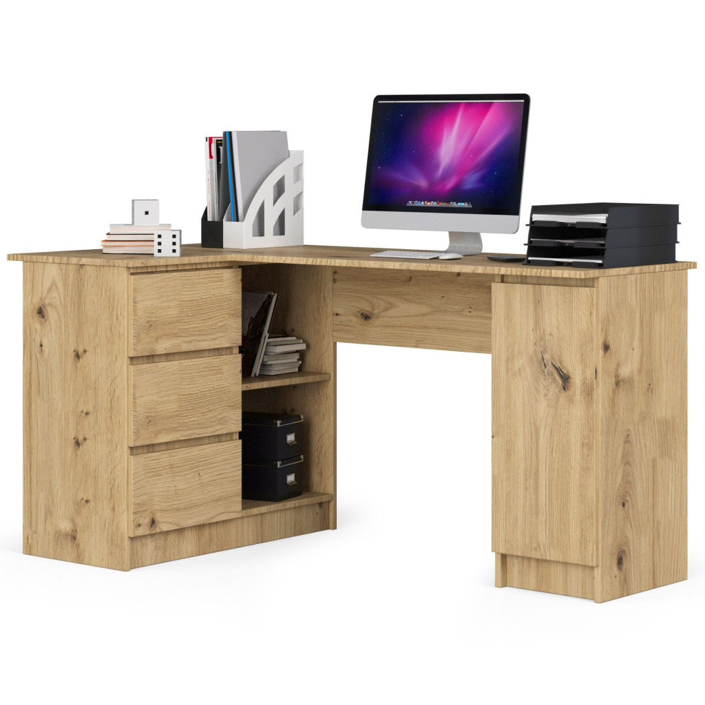 Birou colt stanga in L cu 3 sertare si rafturi, PAL laminat 16 mm, 155x85x77 cm, stejar artisan