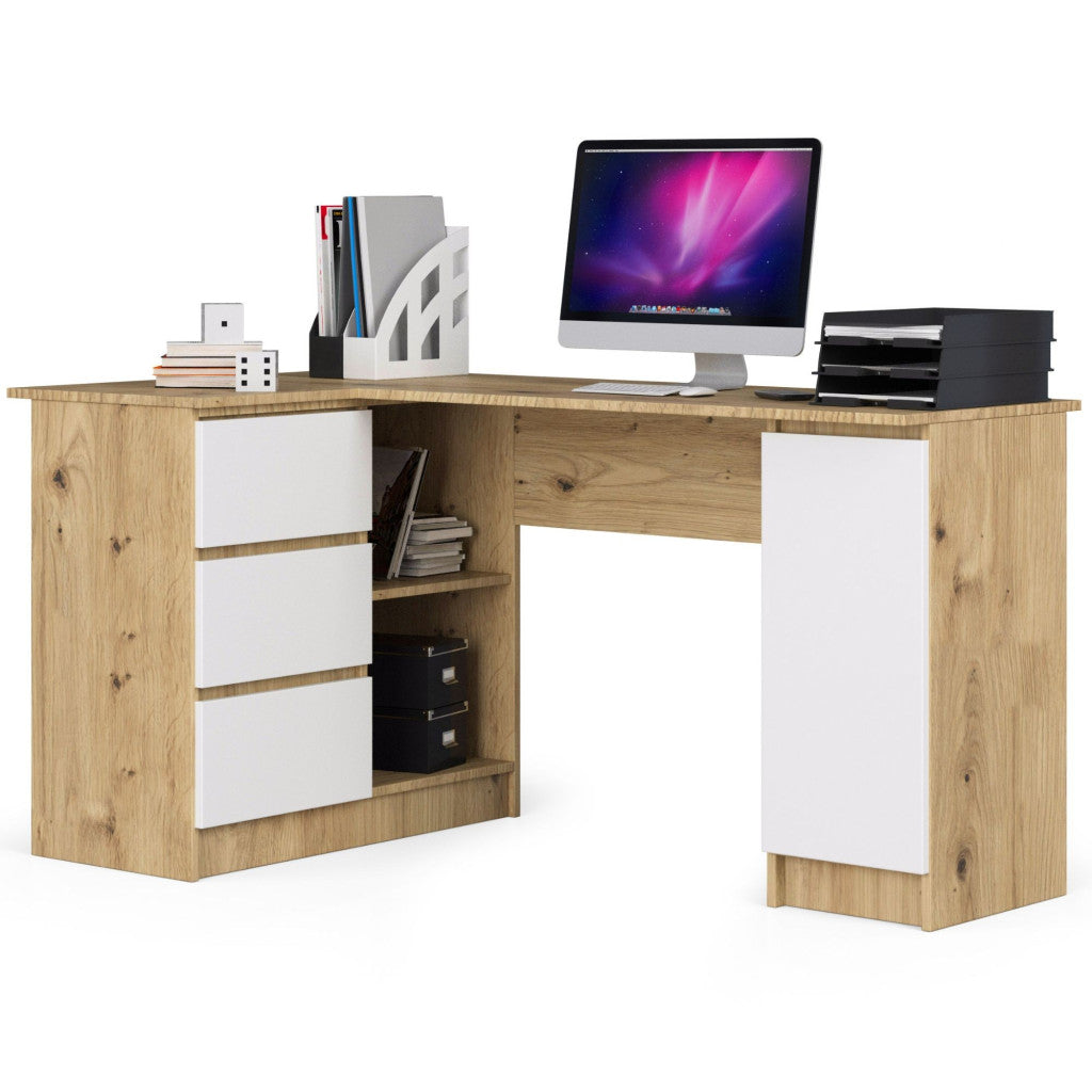 Birou colt stanga in L cu 3 sertare si rafturi, PAL laminat 16 mm, 155x85x77 cm, stejar artisan si alb
