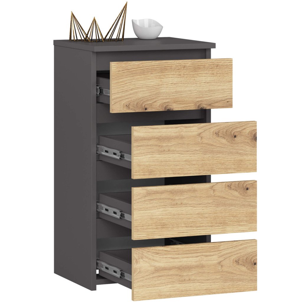 Comoda cu 4 sertare, PAL laminat 16mm, 40x35x74 cm, gri si stejar artisan