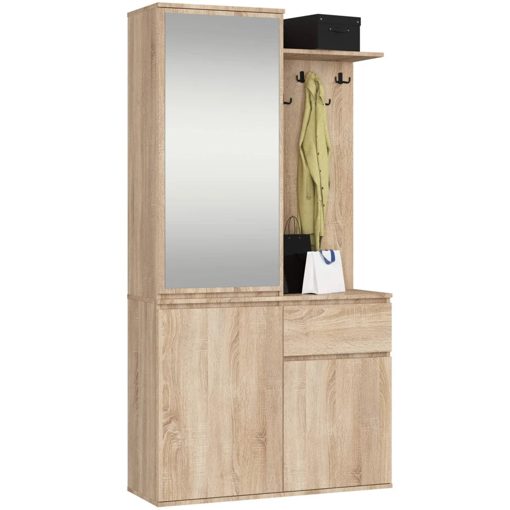Set hol Entro cu oglinda, cuier si spatii de depozitare, PAL laminat 16 mm, 95x35x183 cm, stejar sonoma