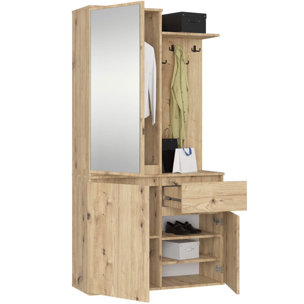 Set hol Entro cu oglinda, cuier si spatii de depozitare, PAL laminat 16 mm, 95x35x183 cm, stejar artisan