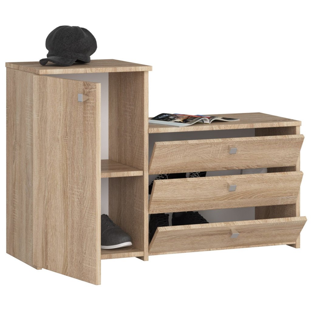 Dulap pantofi S16 cu comoda, 3 niveluri rabatabile, PAL laminat 16 mm, 98x33x67 cm, stejar sonoma