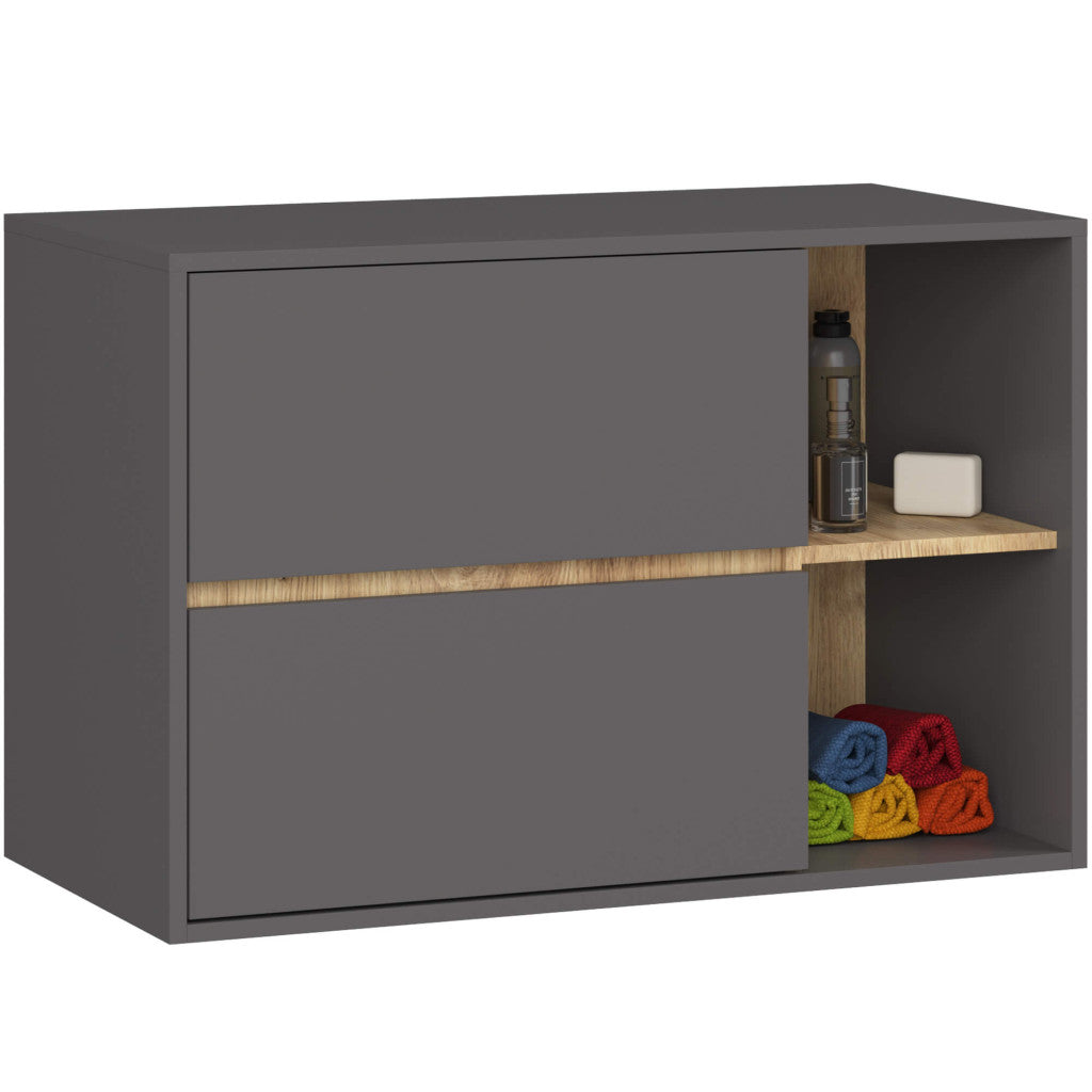 Etajera de baie suspendata, cu 2 sertare, PAL 16 mm, 90x46x60 cm, gri si stejar artisan