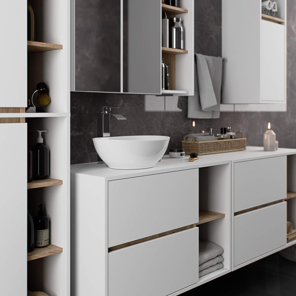 Etajera de baie suspendata, cu 2 sertare, PAL 16 mm, 90x46x60 cm, alb si stejar sonoma