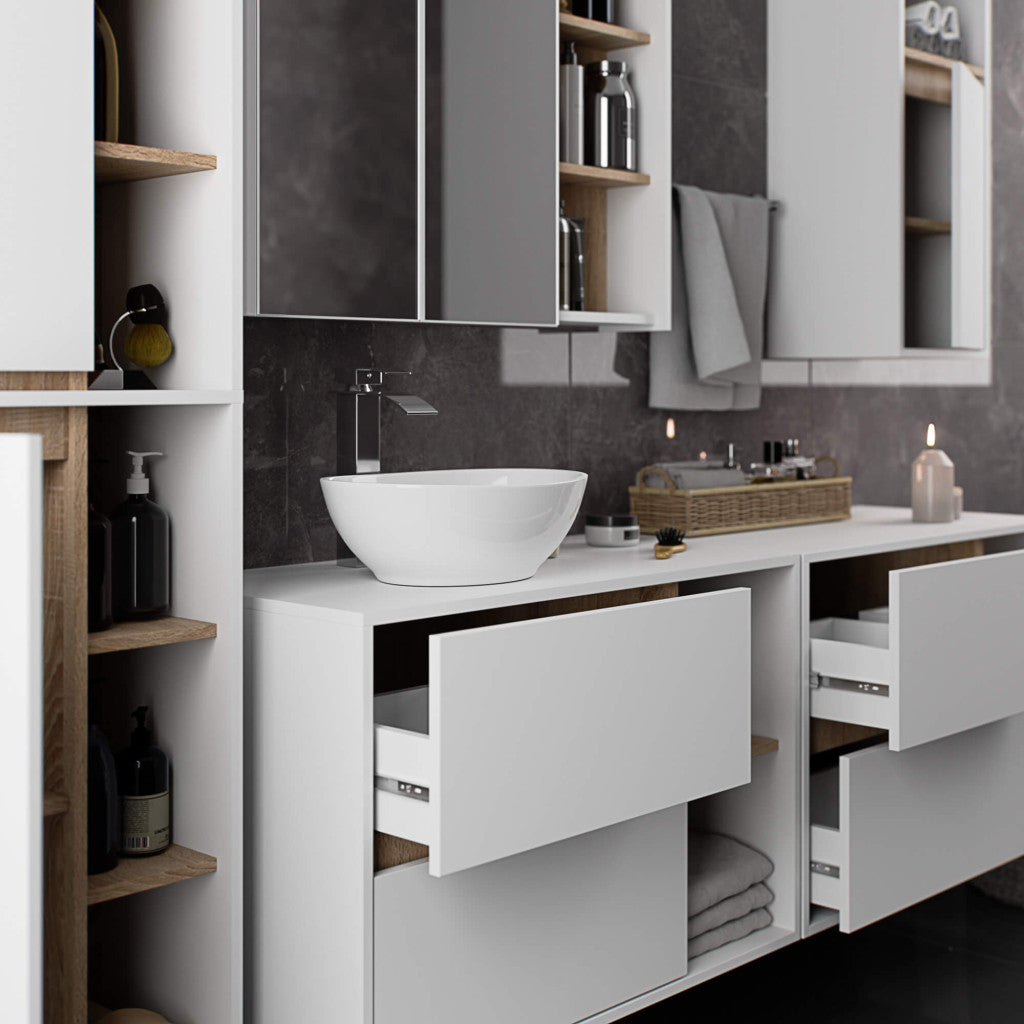 Etajera de baie suspendata, cu 2 sertare, PAL 16 mm, 90x46x60 cm, alb si stejar sonoma
