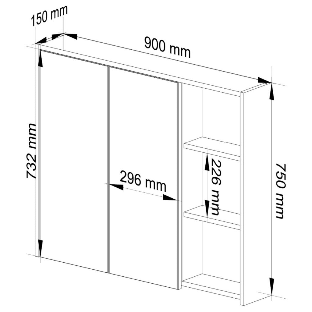 Dulap de baie suspendat cu oglinda, 2 usi si 3 rafturi interioare, PAL 16 mm, 90x15x75 cm, gri si stejar artisan