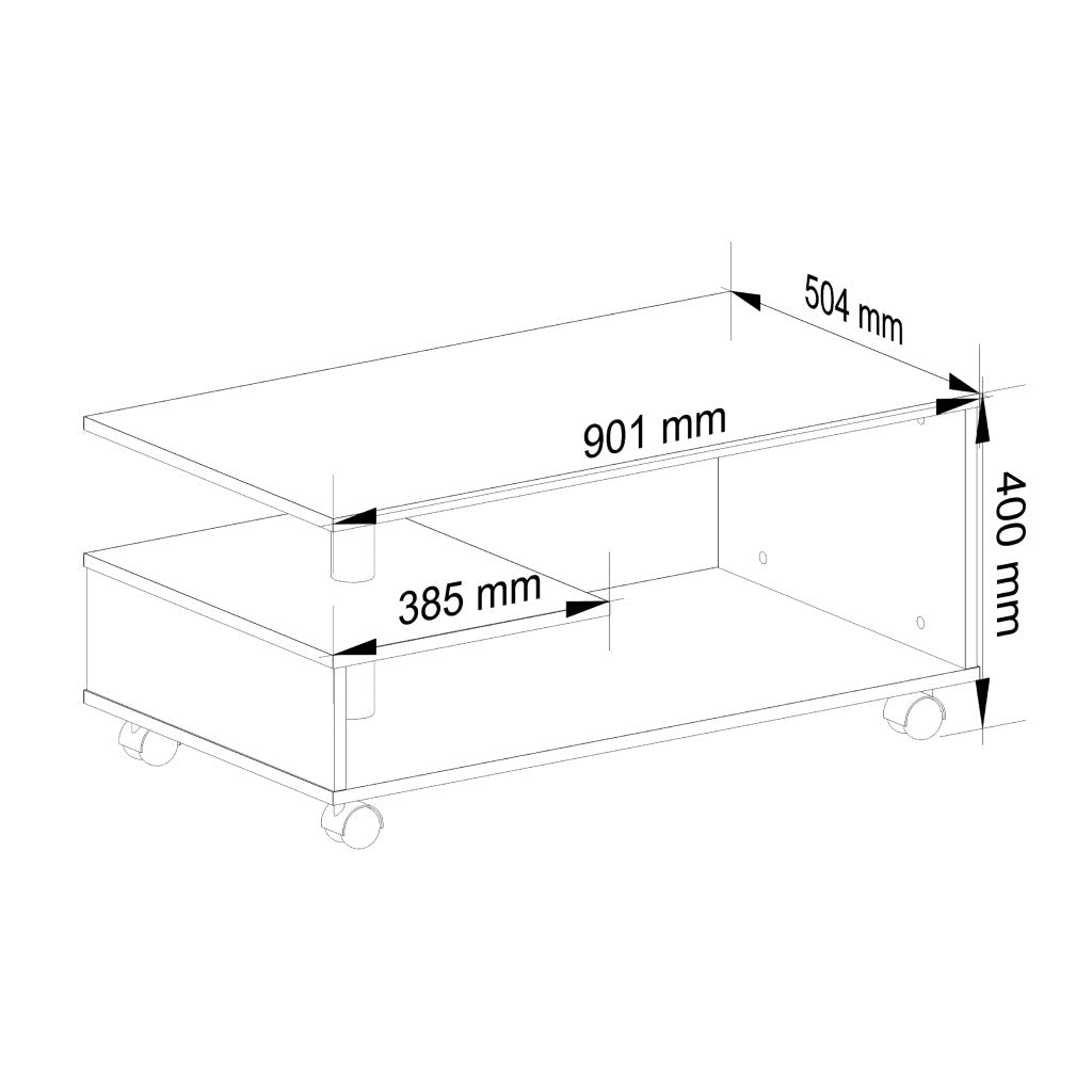 Masuta de cafea Vini pe roti, cu raft inferior si blat din PAL laminat, 90x51x40 cm, stejar sonoma