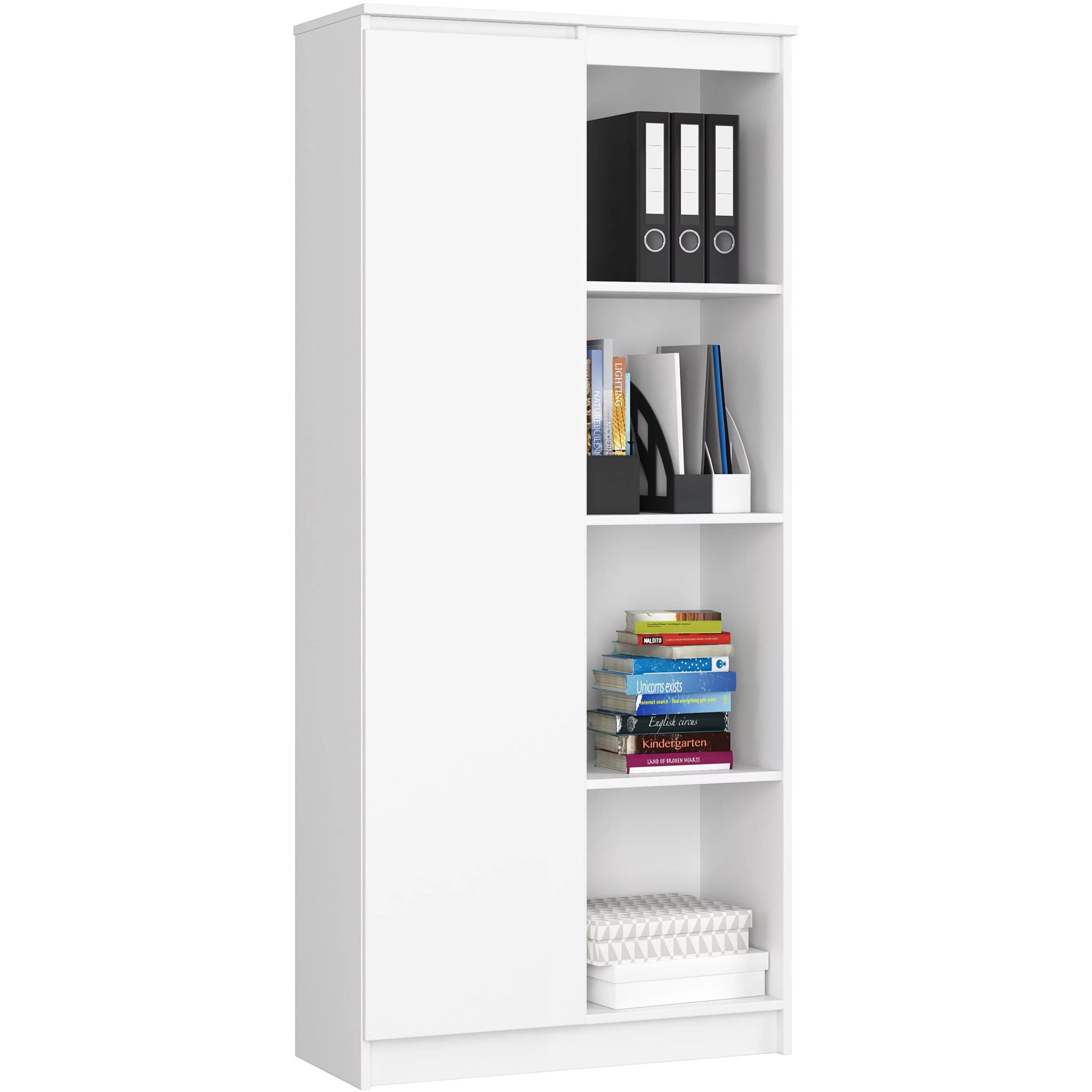 Dulap cu usa si 8 etajere, PAL laminat 16 mm, 80x35x180 cm, alb