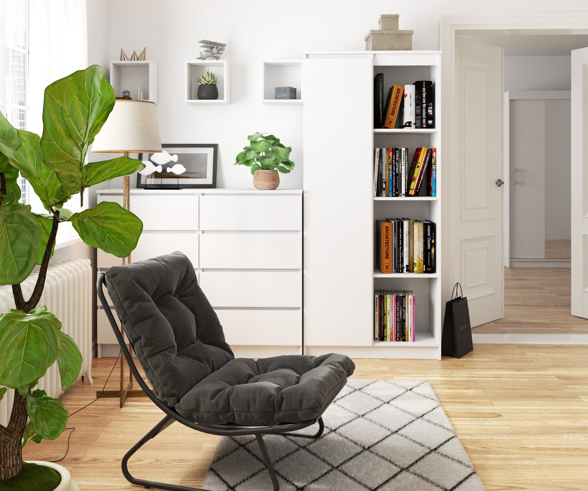 Dulap cu usa si 8 etajere, PAL laminat 16 mm, 80x35x180 cm, alb