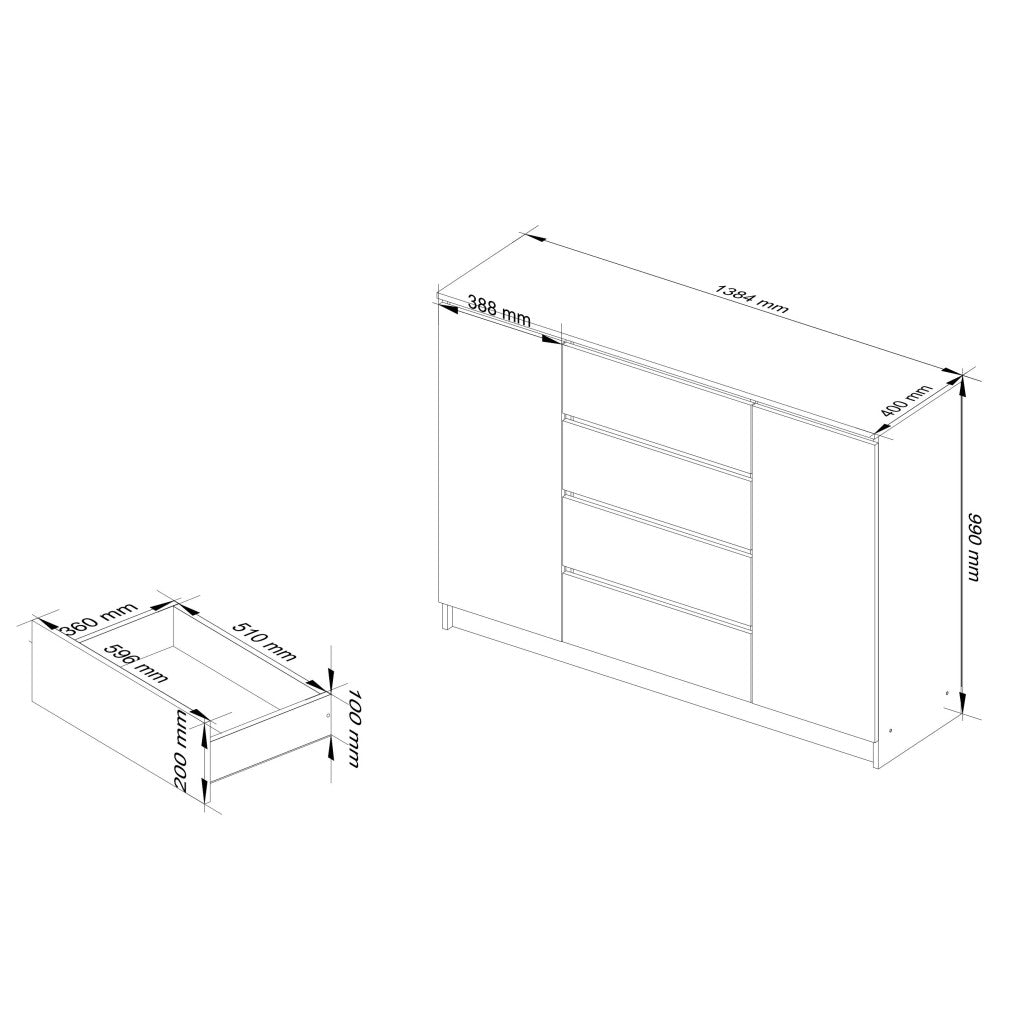 Comoda cu sertare si usi laterale, PAL laminat, 138x40x99 cm, alb mat