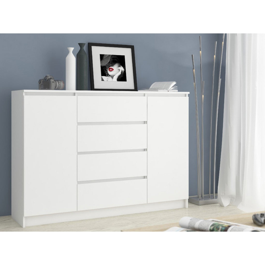 Comoda cu sertare si usi laterale, PAL laminat, 138x40x99 cm, alb mat