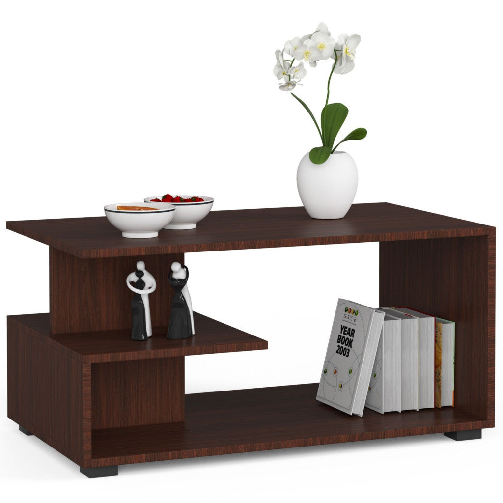 Masuta de cafea Vini pe roti, cu raft inferior si blat din PAL laminat, 90x51x40 cm, maro wenge