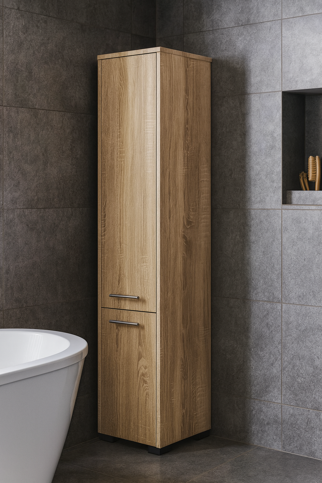 Dulap baie tip coloana cu 2 usi si 5 rafturi, PAL laminat, 30x30x140 cm, stejar sonoma
