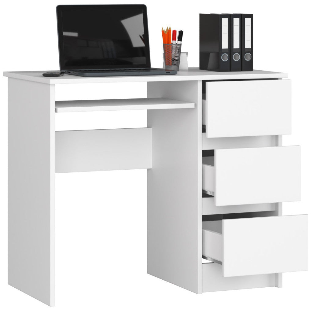 Birou computer cu 3 sertare si raft pentru tastatura, dreapta, 90x50x77 cm, alb