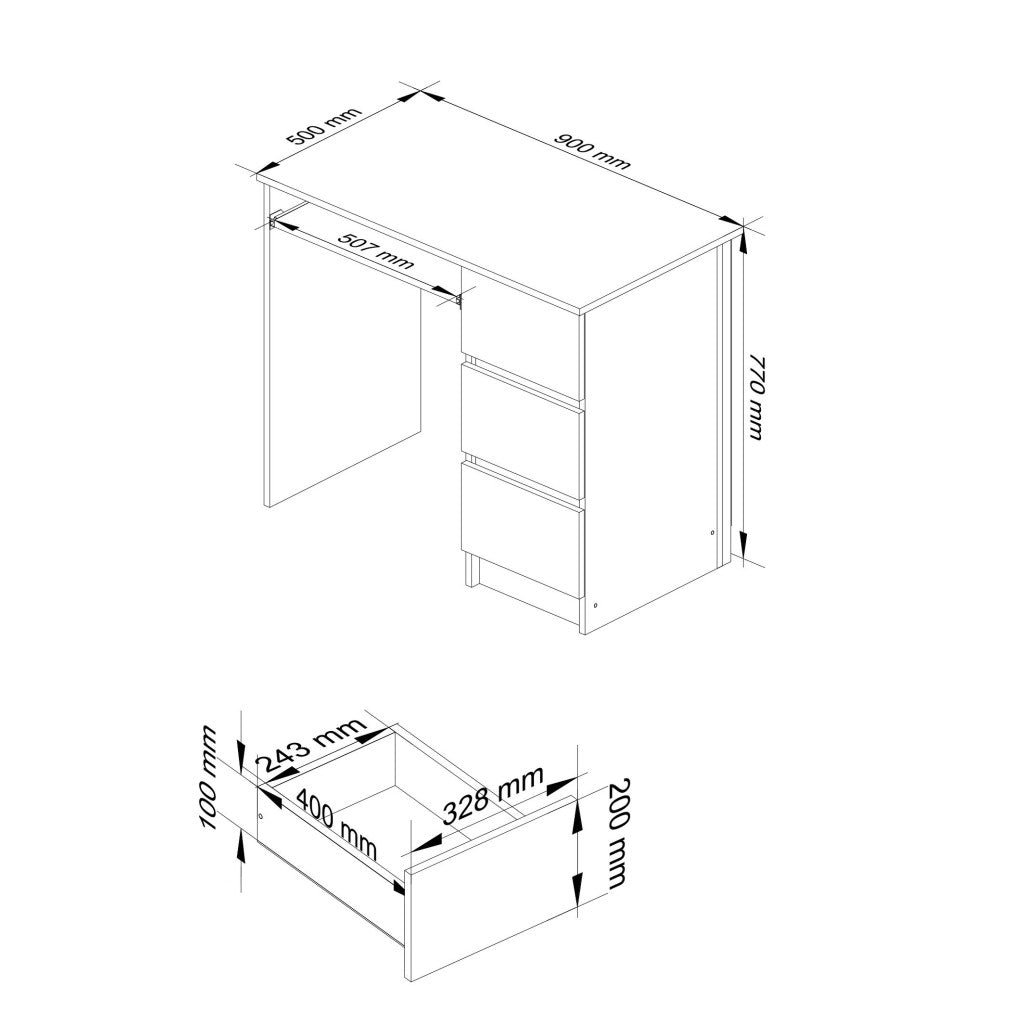 Birou computer cu 3 sertare si raft pentru tastatura, dreapta, 90x50x77 cm, alb