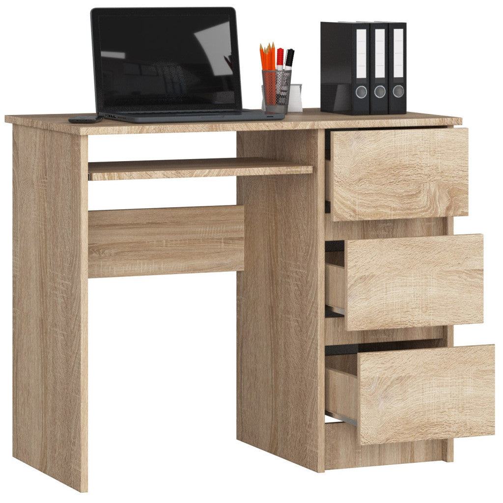 Birou computer cu 3 sertare si raft pentru tastatura, dreapta, 90x50x77 cm, stejar sonoma
