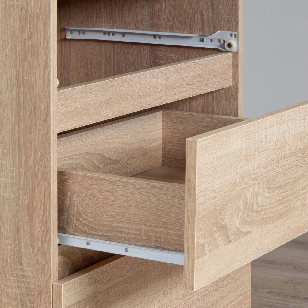 Birou colt dreapta in L cu 3 sertare si rafturi, PAL laminat 16 mm, 155x85x77 cm, stejar sonoma