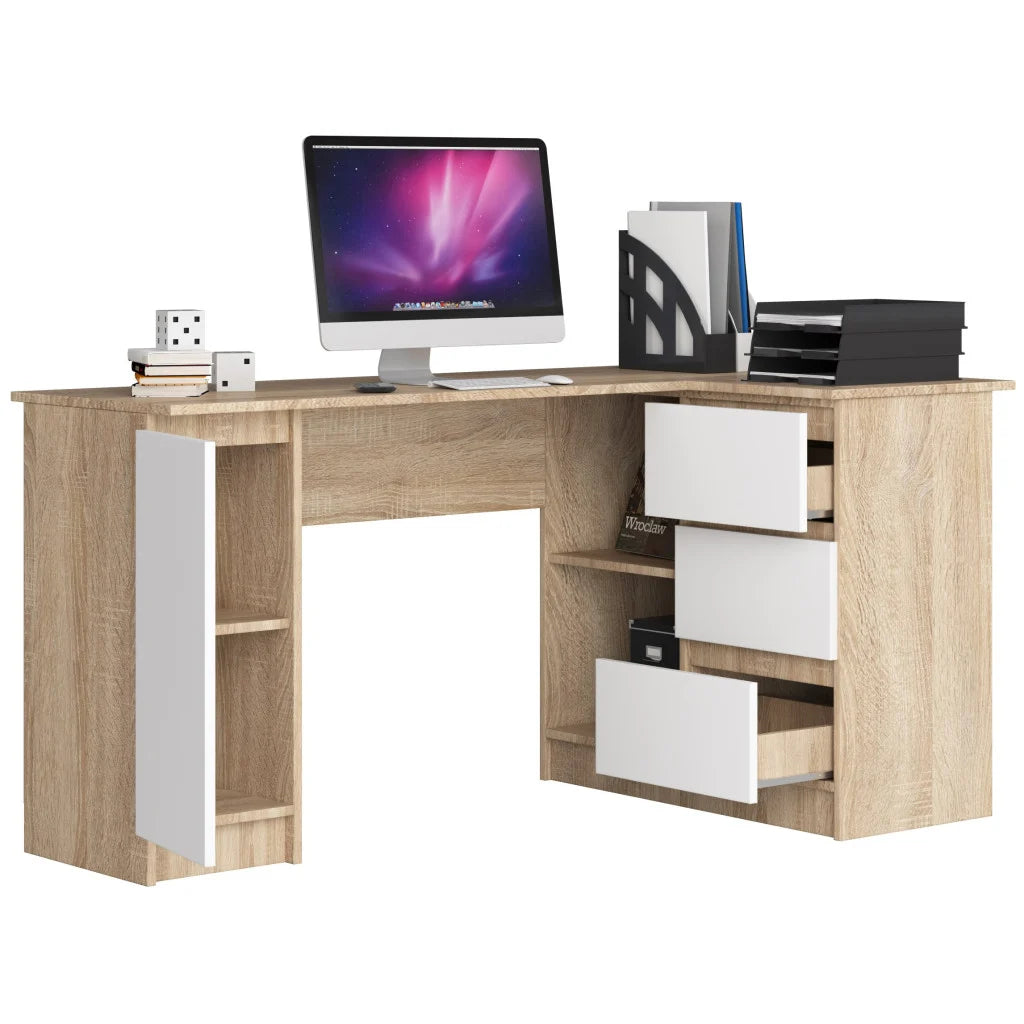 Birou colt dreapta in L cu 3 sertare si rafturi, PAL laminat 16 mm, 155x85x77 cm, stejar sonoma si alb