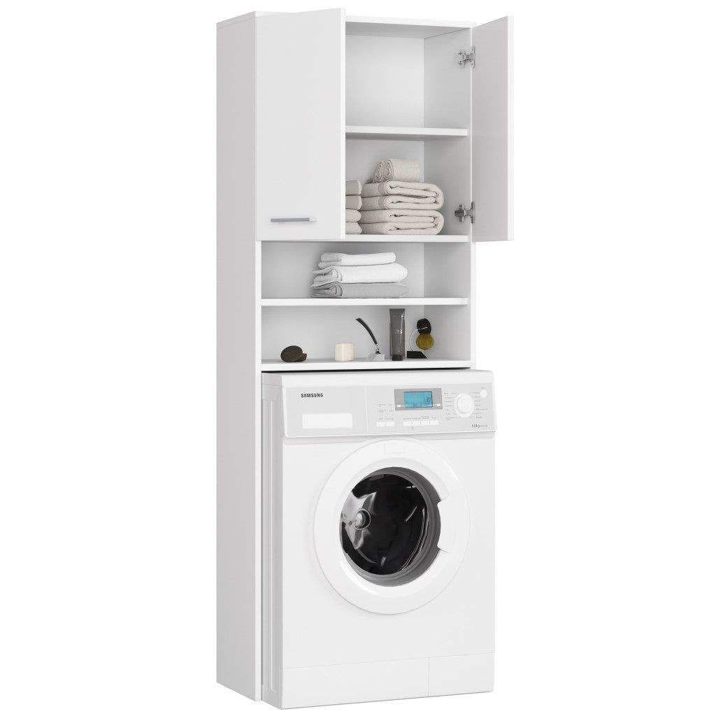 Dulap baie inalt pentru spatiu deasupra masinii de spalat, cu usi si polite, 64x30x180 cm, alb mat