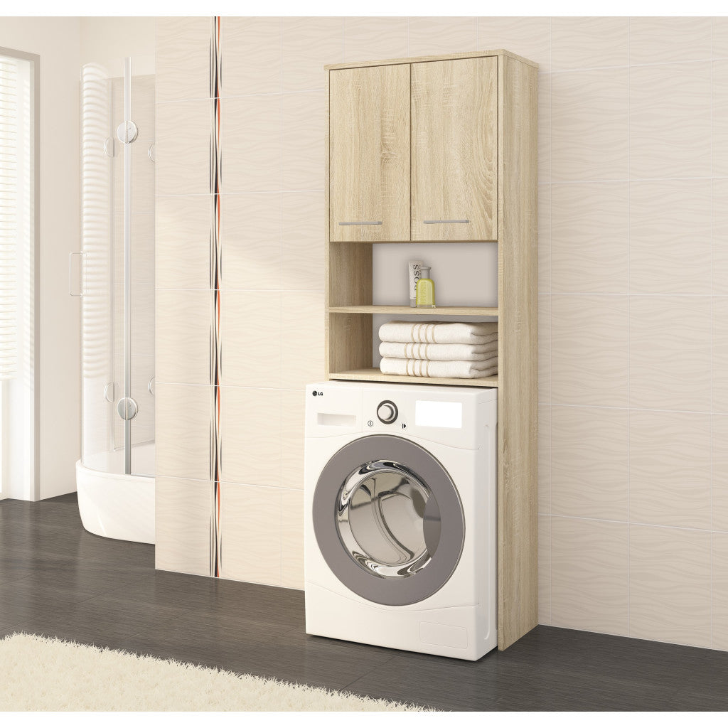 Dulap baie inalt pentru spatiu deasupra masinii de spalat, cu usi si polite, 64x30x180 cm, stejar sonoma
