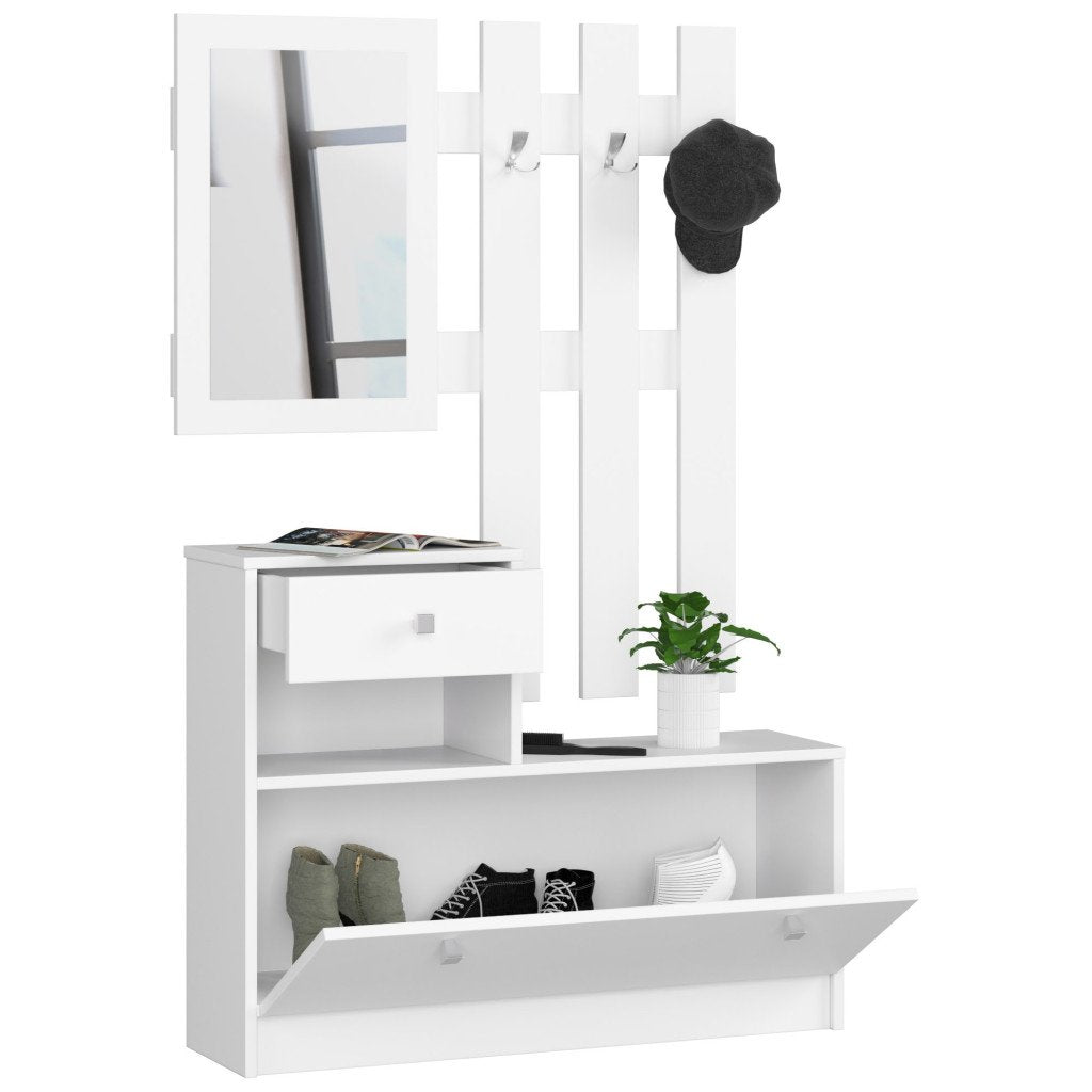 Set mobilier hol cu pantofar, oglinda, sertar si cuier metalic, PAL laminat, 90x25x170 cm, alb