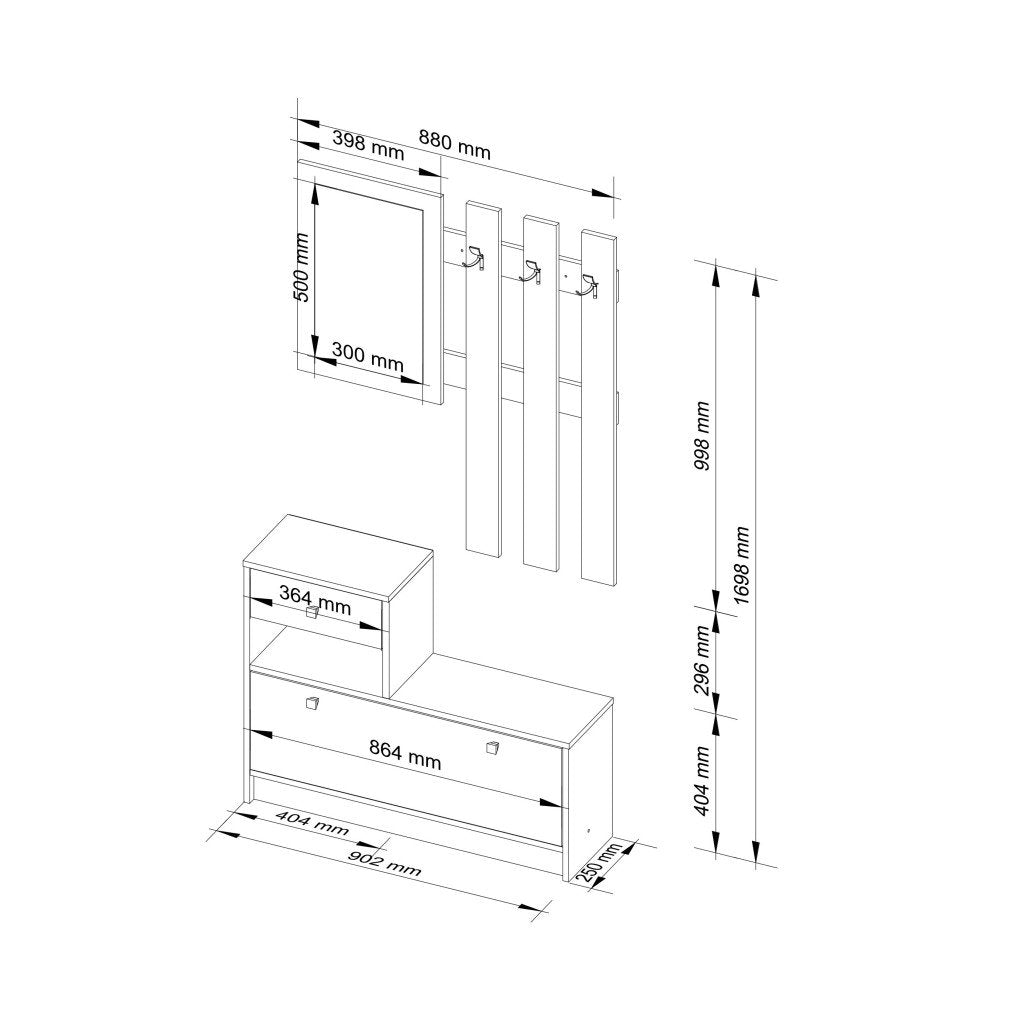 Set mobilier hol cu pantofar, oglinda, sertar si cuier metalic, PAL laminat, 90x25x170 cm, alb