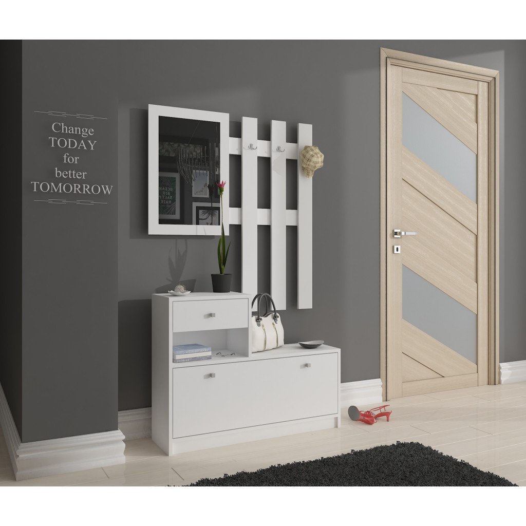 Set mobilier hol cu pantofar, oglinda, sertar si cuier metalic, PAL laminat, 90x25x170 cm, alb