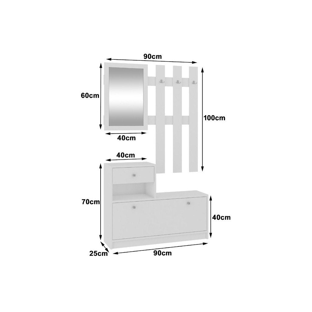 Set mobilier hol cu pantofar, oglinda, sertar si cuier metalic, PAL laminat, 90x25x170 cm, alb