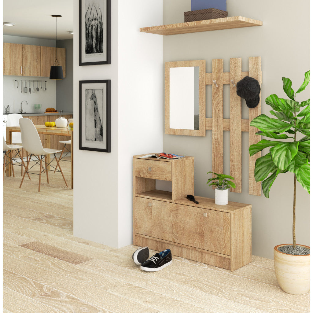 Set mobilier hol cu pantofar, oglinda, sertar si cuier metalic, PAL laminat, 90x25x170 cm, stejar sonoma