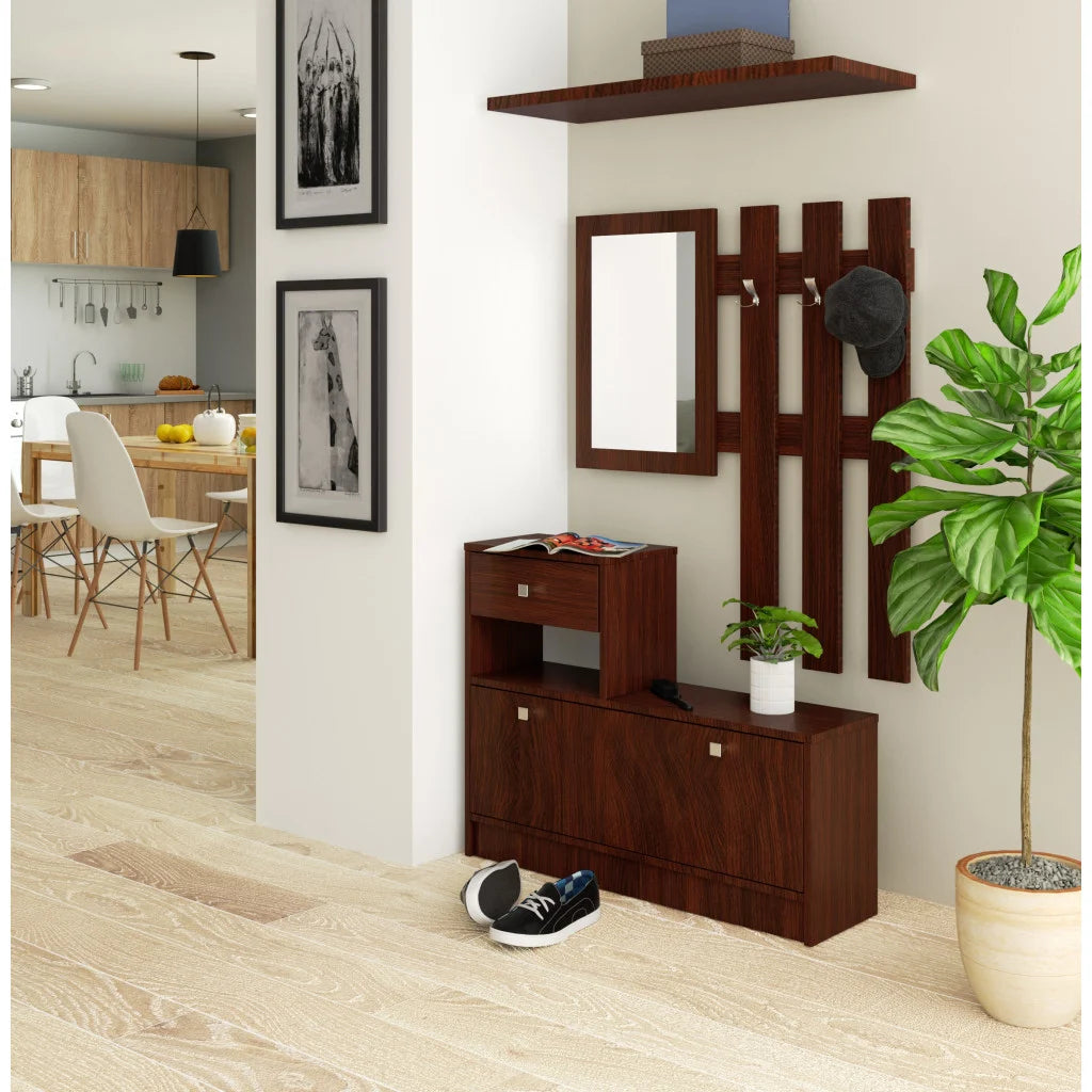 Set mobilier hol cu pantofar, oglinda, sertar si cuier metalic, PAL laminat, 90x25x170 cm, maro