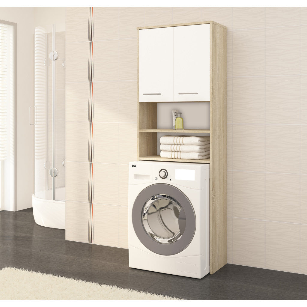 Dulap baie inalt pentru spatiu deasupra masinii de spalat, cu usi si polite, 64x30x180 cm, stejar sonoma si alb